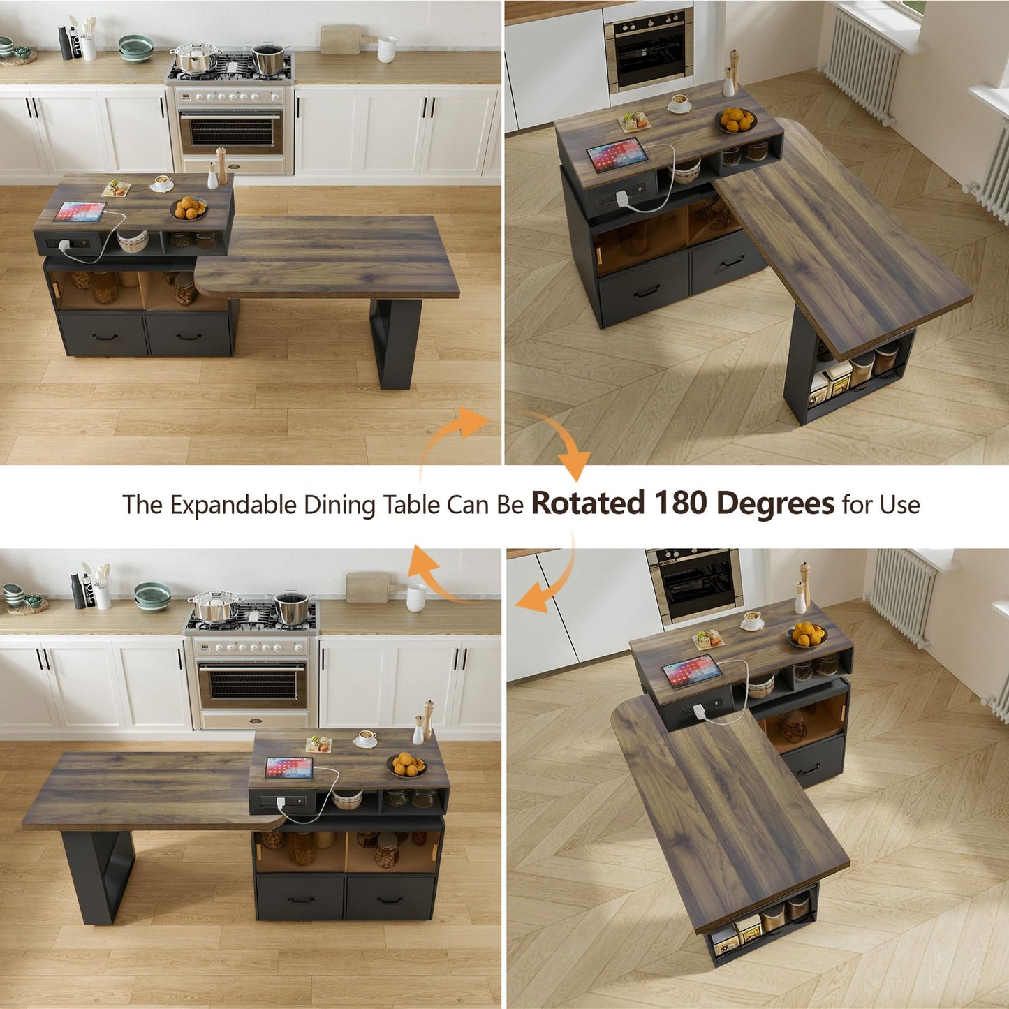 Kitchen Island with Extendable Table,Rolling Kitchen Table with Storage & Seating,Built in Power Outlet, Kitchen Island with Lockable Wheels for Kitchen Island Table with Drawers Rotatable Table Black