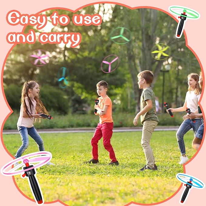 36 Pcs Flying Saucer Flying Disc Toy Helicopter Toy Disco Flyers Include 12 String Launchers and 24 Flying Saucer Flying Disc Launcher Flying Toys Little Teens Outdoor Activity Birthday Favors