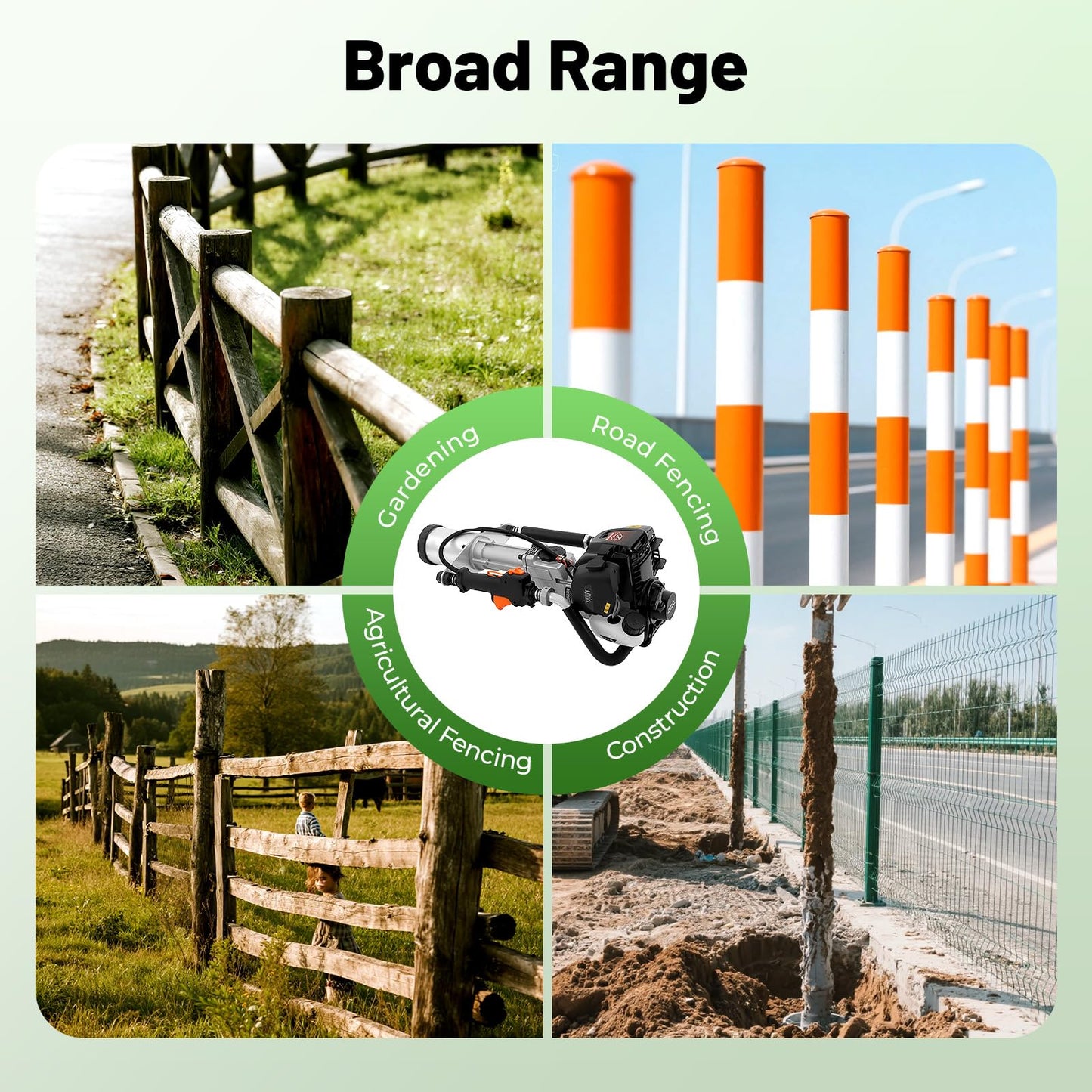 37.7cc CC 4-Stroke Gas Powered T Post Driver, 1.2KW Portable Fence Post Driver w/Air-Cooled System, 8500RPM Petrol Pile Driver Hammer w/ 2 Pile Heads(45mm 55mm) for A Series of Pile-driving Projects