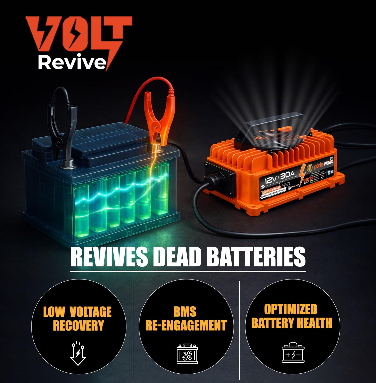LithiumLogic™ 12V 30A LiFePO4 Charger with SB50 Anderson Plug, Accessory Wires & Temp Sensor; IP67 Waterproof with VoltRevive™ Recovery for carts, Boats, ATVs, Pallet Jacks, forklifts & scrubbers
