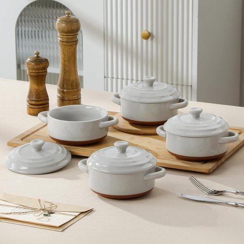 MALACASA Mini Cocotte Set - 12 OZ Ceramic Ramekins with Lids & Handles | Set of 4, Khaki Grey, Oven Safe