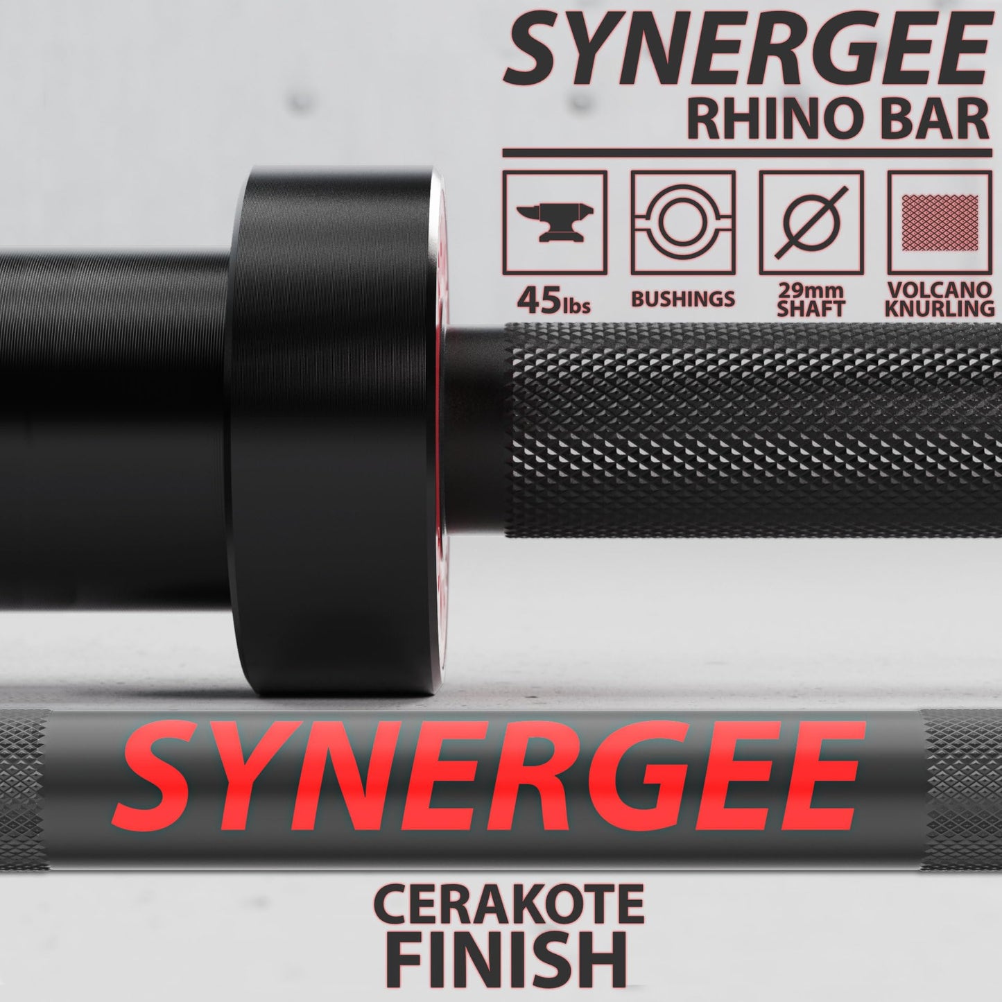 Synergee 45lb Rhino Power Bar Cerakote Finish Barbell. Rated 1500lbs for Powerlifting - Deadlift - Squat - Bench Bar