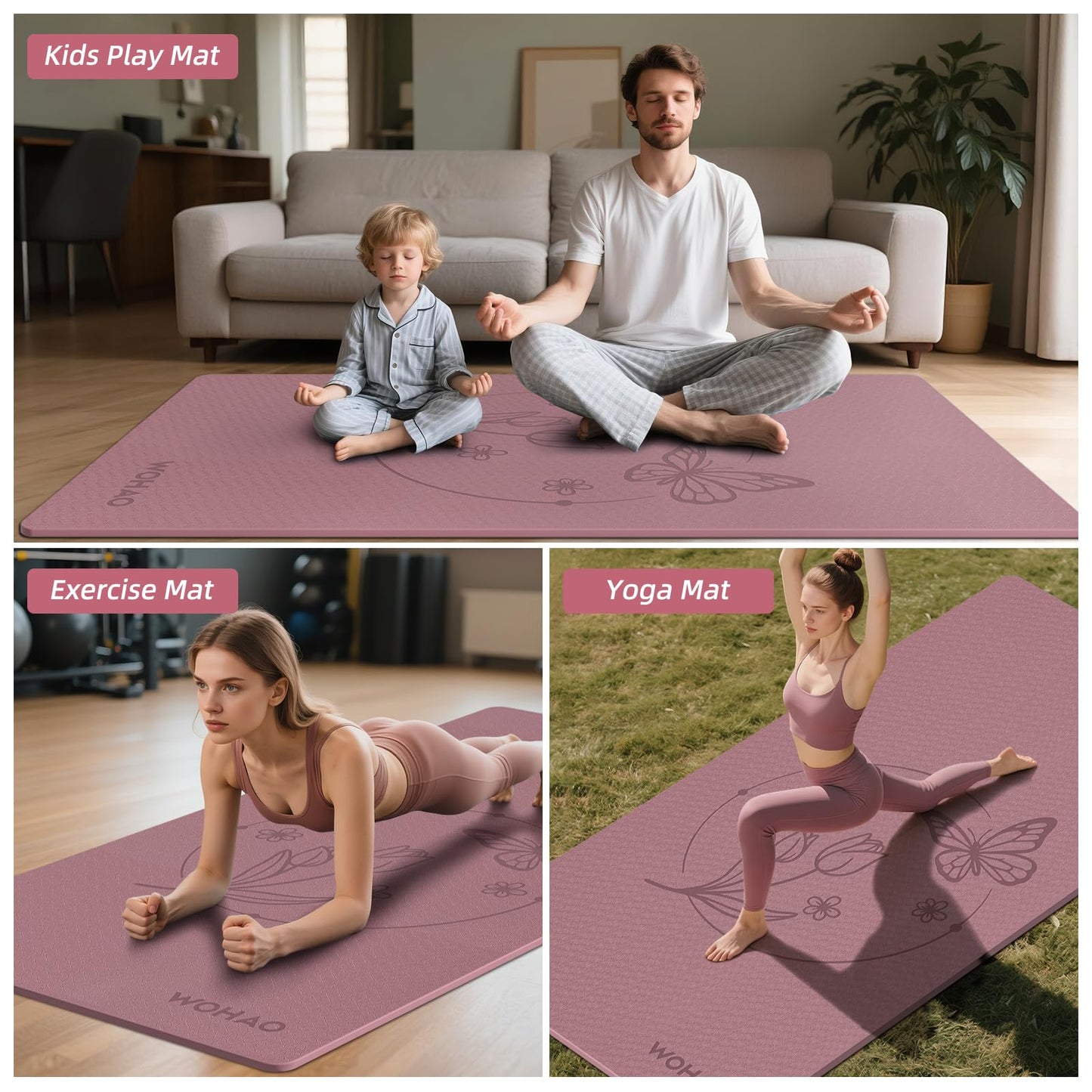 WOHAO Large 76"x40"x0.4" Yoga Mat - Extra Width & Thick Non-Slip Exercise Mat, Versatile for Stretching, Yoga Studio, Gym, Home & Indoor/Outdoor Workouts (Dull Pink)