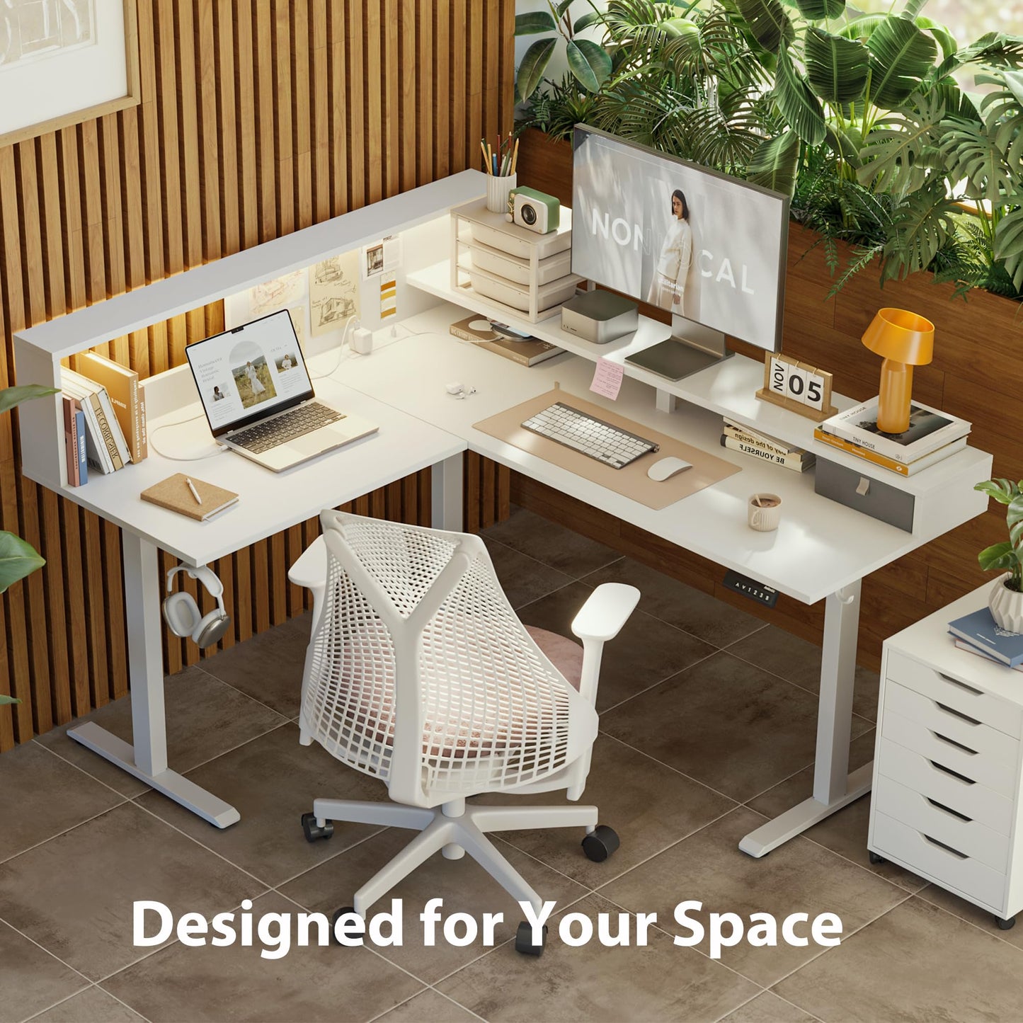 Agilestic L-Shaped Electric Standing Desk, 63x55 Inch Ergonomic Adjustable Height Desk with Storage, Stand Up Corner Desk Sit Stand Computer Table Power Outlet & LED Lights, Office Table, White