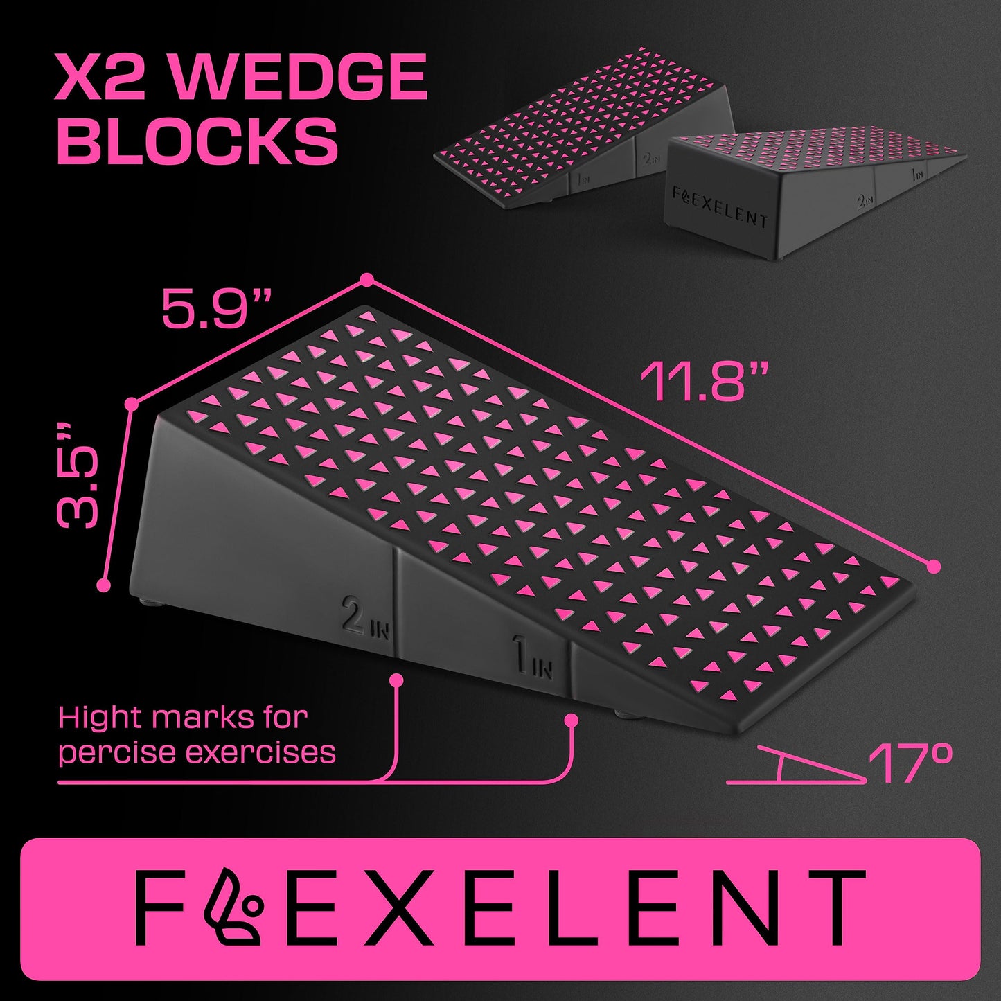 Flexelent Squat Wedge Block Pair - Heel Elevated Squat Wedge for Deeper Squats, Heavy Lifting and Better Form - 17° Angle Exercise Wedges, Slant Board for Squats with Carry Backpack - Pink Power