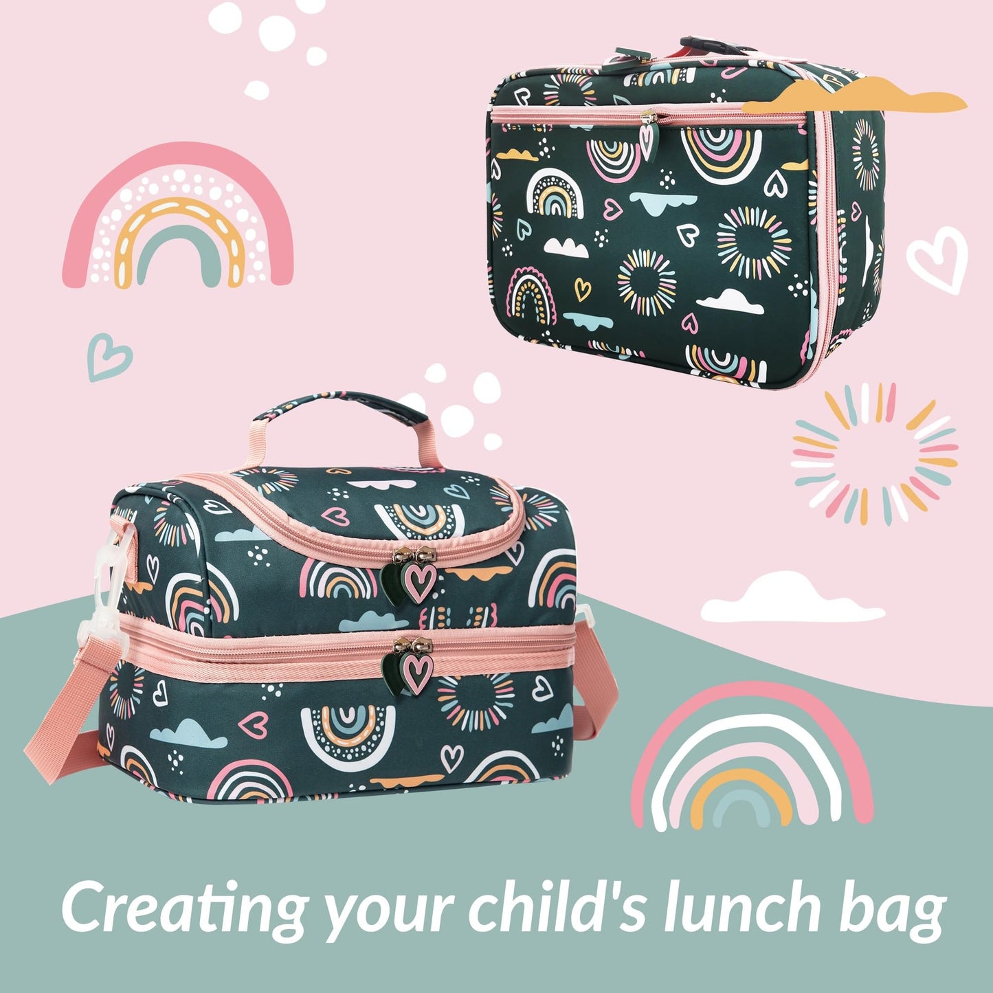 Life on track Insulated Kids Dual Compartment Lunch Bags Tote Pack for Girls Boys Toddler Kindergarten School Picnic Cooler Thermal Lunch Boxes with Strap (Green Rainbow)