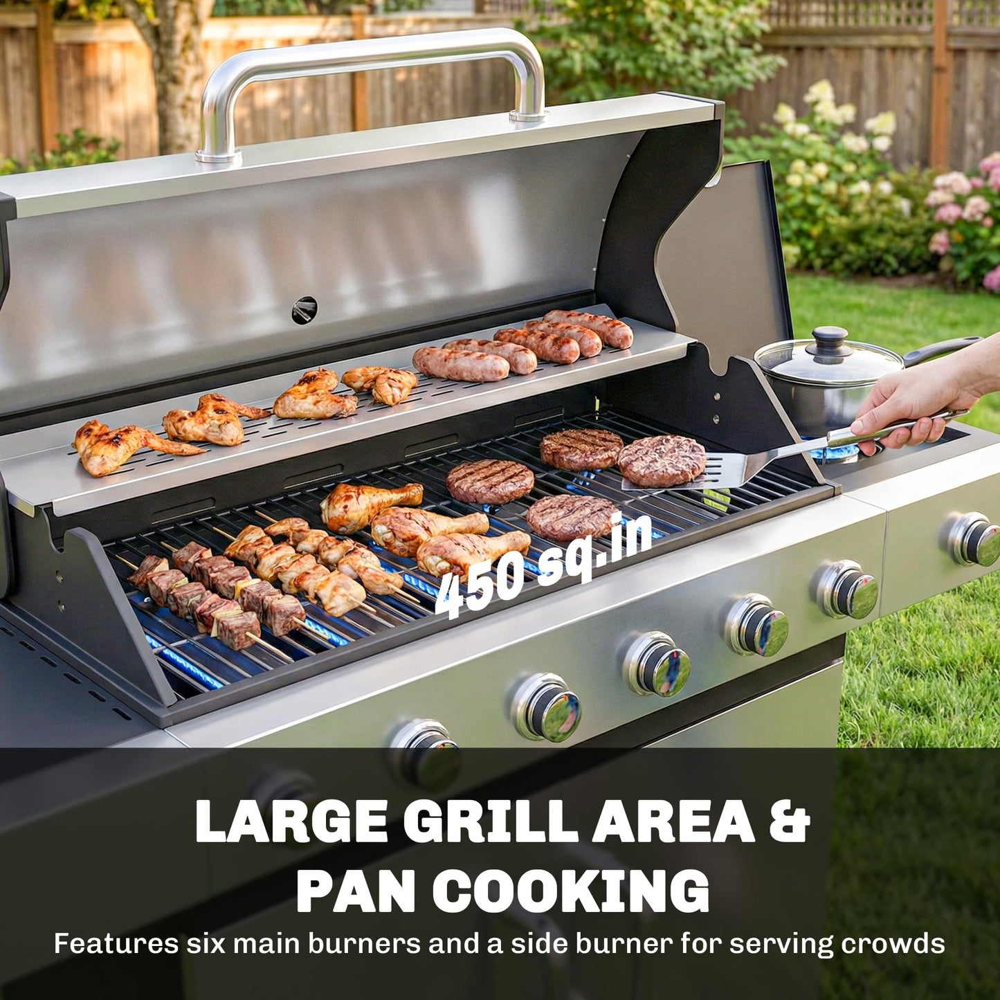 Outsunny 6 Burner Propane Gas Grill with Side Burner, 63,000 BTU Stainless Steel Barbecue Grill with Cast Iron Grates, Wheels, Warming Rack, Side Tables, Cabinet for Outdoor Kitchen, Backyard Barbecue