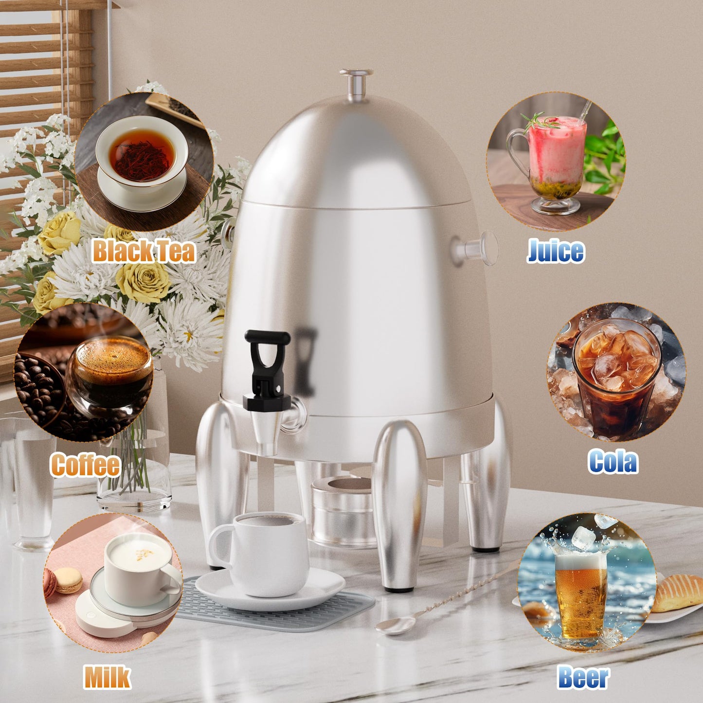 3 Gallon Beverage Dispenser with Stand, Commercial Coffee Urn with Spigot, Hot Drink Buffet Warmer Server for Parties Weddings Holiday Entertaining Catering Events (Plus Mixing Spoon and Drip Mat)