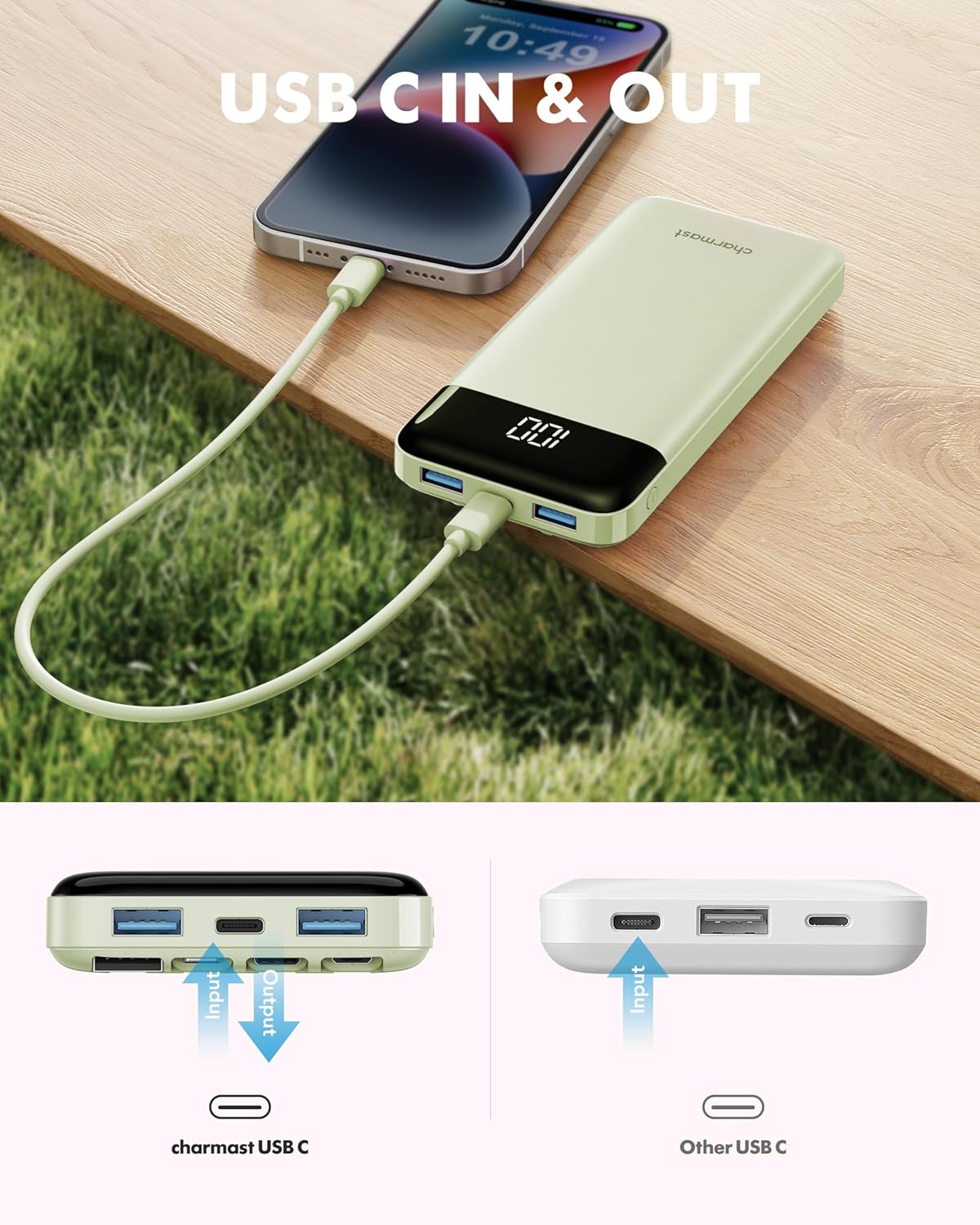 charmast 10000mAh Pack 6 3 3A Portable Charger with Built in Cables, Power Bank with Cords Wires, Slim Travel Battery