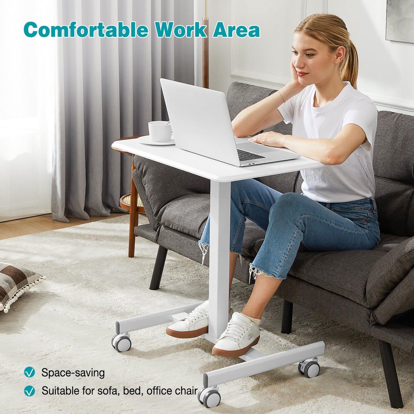 DUMOS Small Standing Desk Mobile Portable Rolling Laptop PC Table on Wheels Adjustable Height Computer Workstation for Home Office Small Space, 19 Inch, White