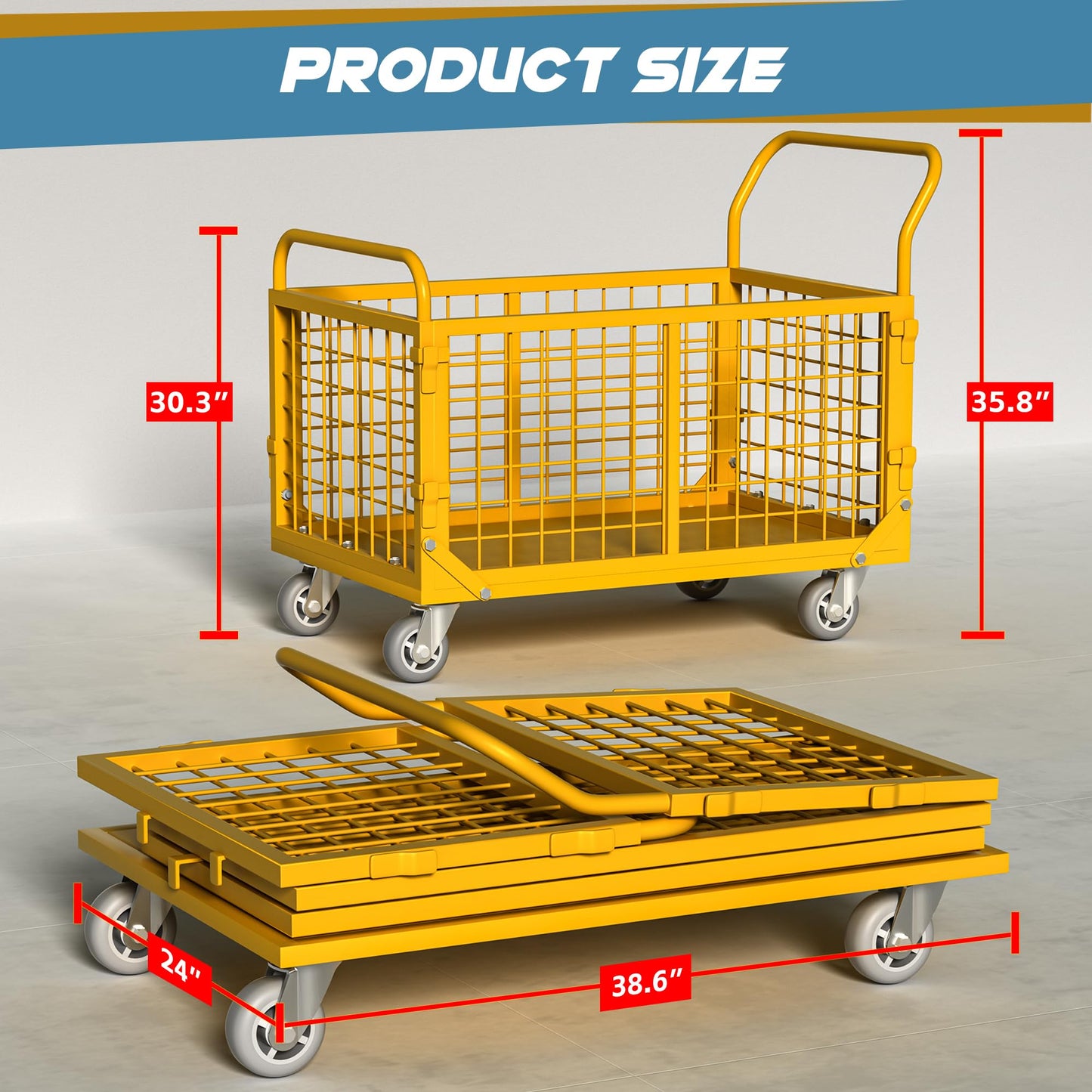 Platform Truck with Cage,5-in-1 Collapsible Heavy-Duty Push Cart Dolly Load 1800 LB,Large Flatbed Hand Truck for Grocery/Laundry/Stall/Storage