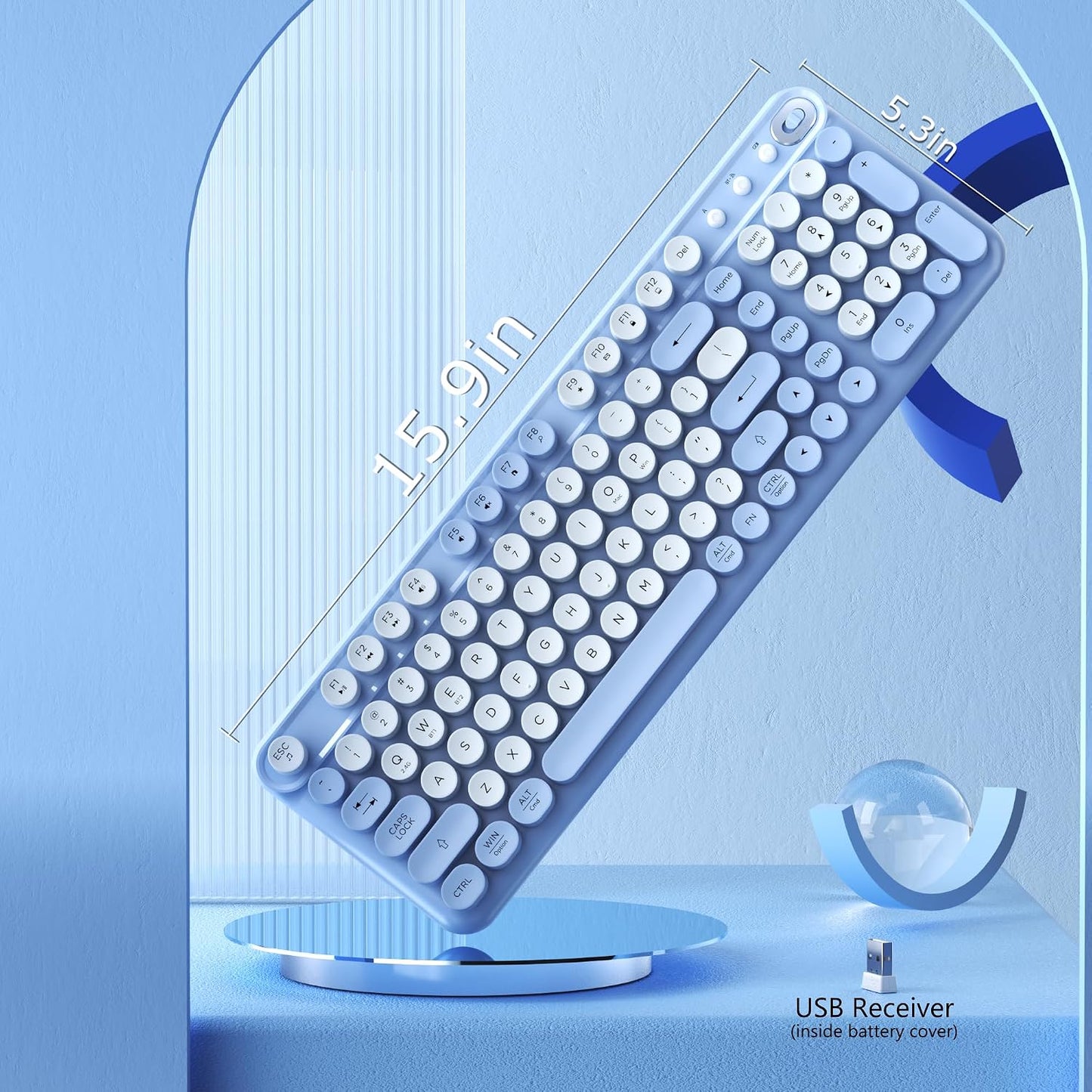 COVEVA 2.4GHz Wireless Bluetooth Keyboard - Full Size Retro Round Typewriter Style Wireless Keyboard with & Bluetooth