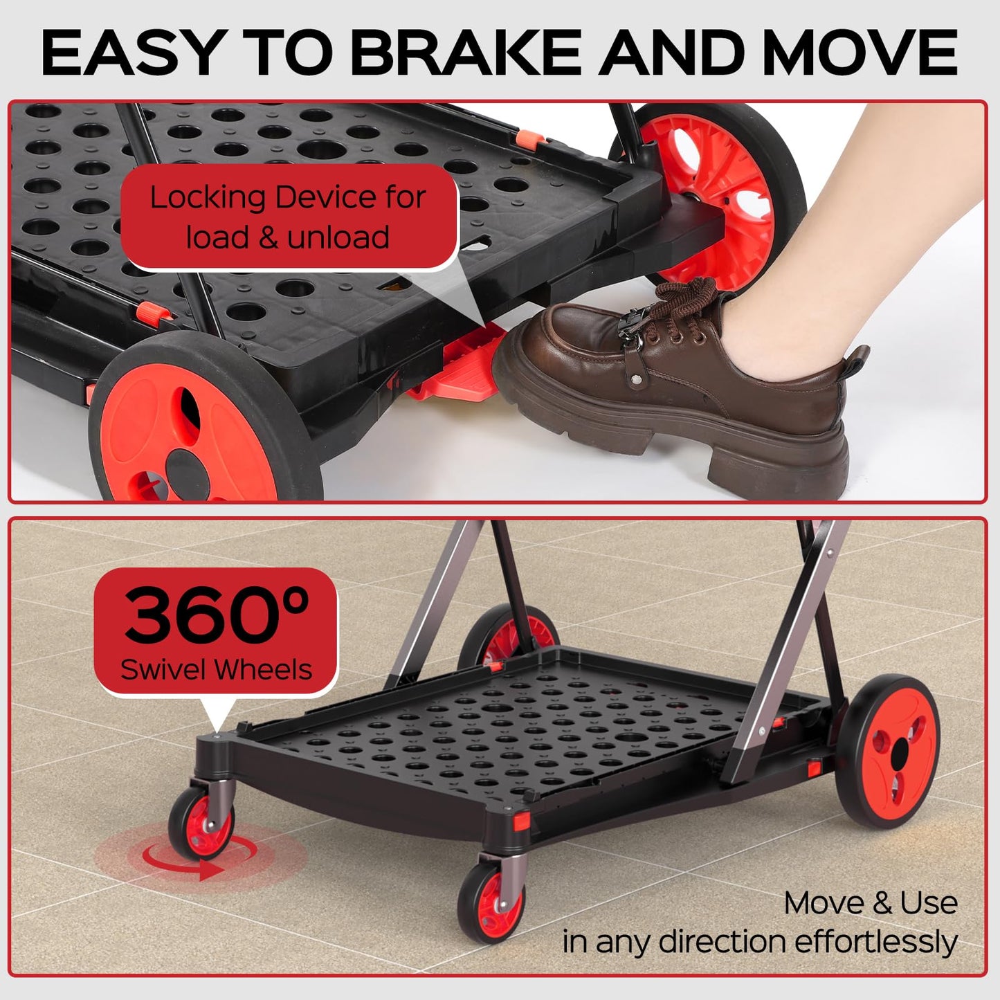 TOLRET Collapsible Shopping Cart with Wheels, 200 lbs Capacity Grocery Cart on Wheels with Storage Crate, Platform Hand Truck with Foot Brake, Red