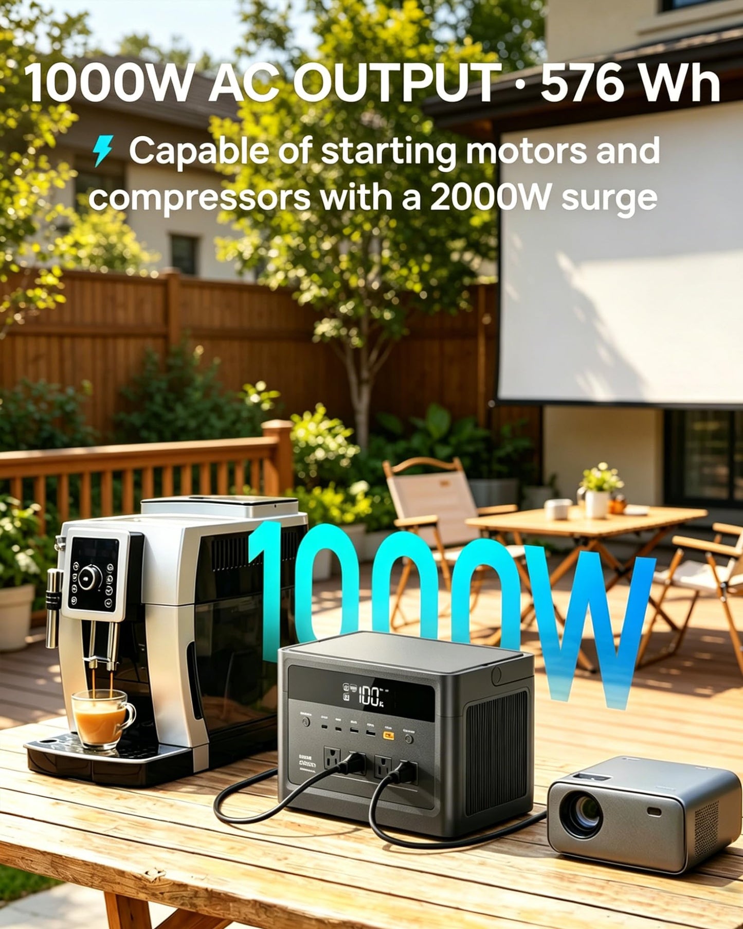 DARAN Portable Power Station 1000W, 576Wh Solar Generator with 4 AC Outlets (2000W Surge), 100W PD Fast Charge, LiFePO4 Battery Backup for Camping, RV & Home Use