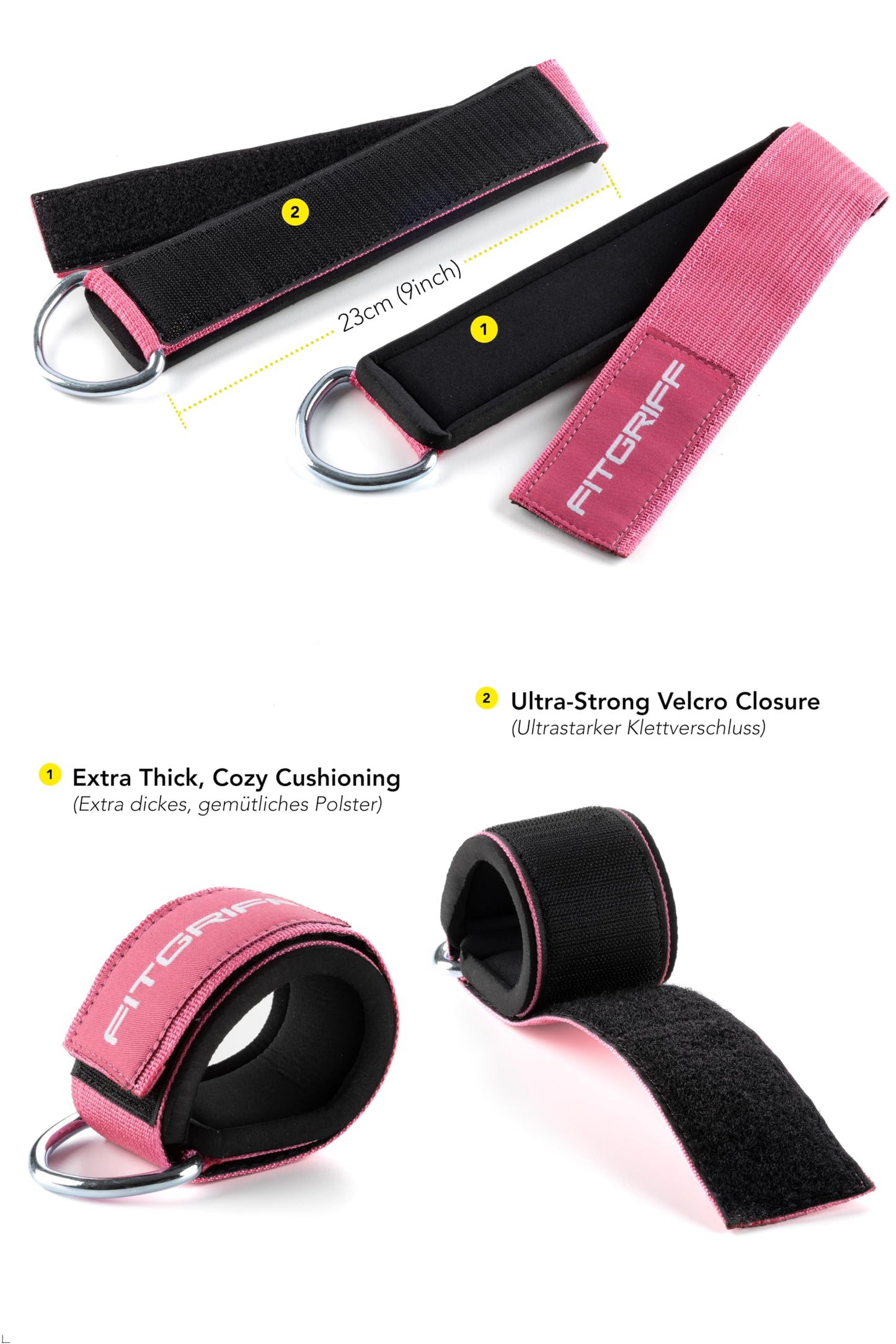 Fitgriff® Ankle Straps V2 for Cable Machine (2 Pieces) - Gym Workout Equipment - Leg Pulley Attachment, Kickback Straps (Pink)