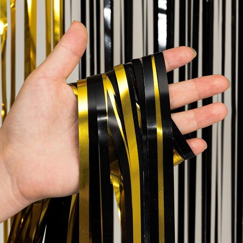 GREATRIL Black and Gold Party Streamers - Foil Fringe Backdrop for NYE, Anniversaries & Birthdays - 3.2ft X 8.2ft - 2 Packs