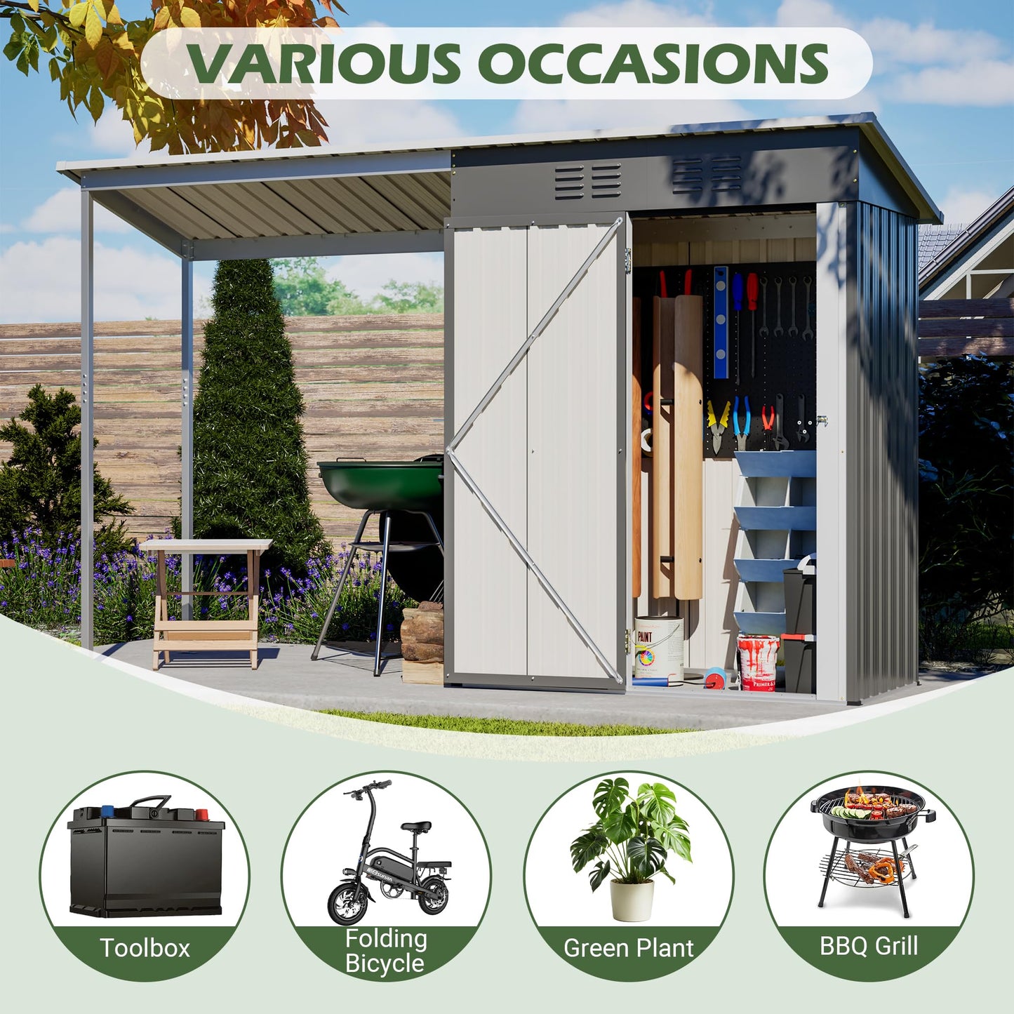 KEIKI Storage Shed 5x3 FT, Small Metal Tool Shed with Gazebo for Outdoor Storage, Galvanized Steel Garden Shed with Lockable Doors for Patio, Backyard, Lawn, Grey