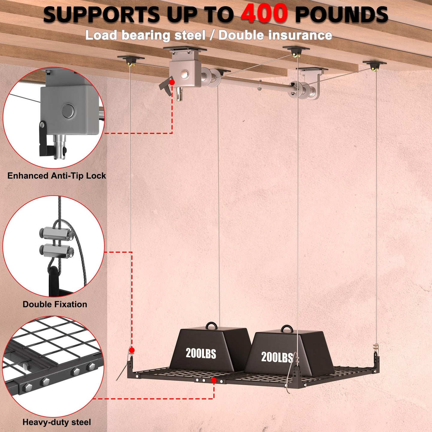 Soywey Garage Ceiling Storage Racks,4x4 FT Garage Storage Lift with Secure Lock,Heavyweight Overhead Rack for Easy Up Down,Industrial Elevator System Holds 400 Lbs