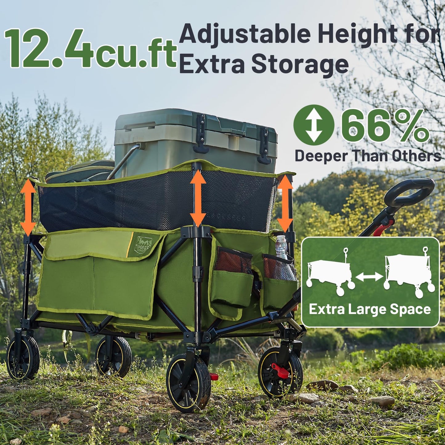 Timber Ridge Collapsible Folding Wagon 350L Extra Large with Brake, Heavy Duty Camping Utility Cart Outdoor, Extended Height Adjustable Handle, Cup Holders, Side Bag, Green