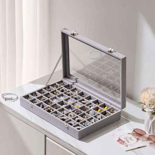 48 Grid Earring Organizer and Storage: Velvet Jewelry Tray with Lid, Jewelry Box for Studs, Earrings, Rings, Necklaces, Dresser & Vanity, Earrings Case Organizer for Girls, Women, 13"x8.6"x2.4", Grey