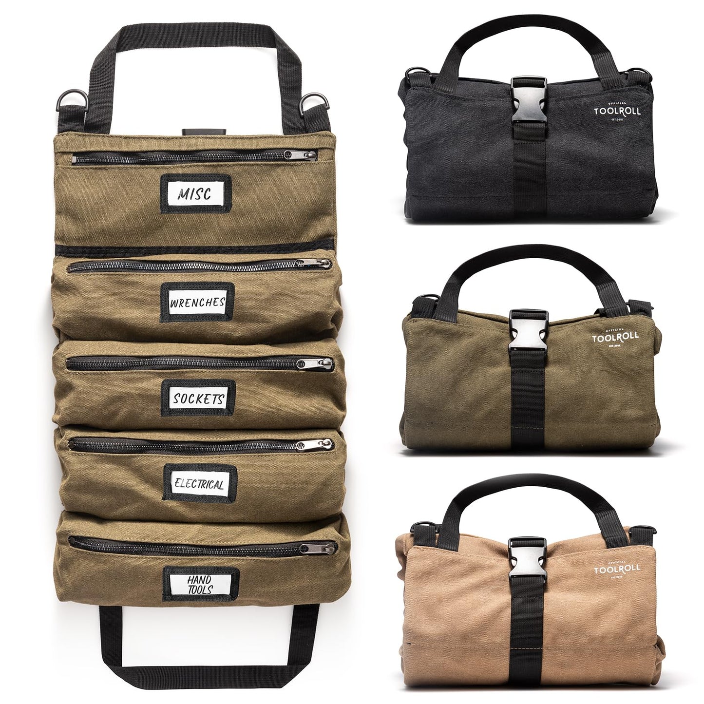 Official Legacy Tool Roll Bag - Easy to Carry 5-Pocket Roll Up Tool Bag - Durable Canvas, Rust-Proof YKK Zippers, Secure Buckle - A Loving Gift for Dads, Mechanics, Electricians & Hobbyists| ArmyGreen