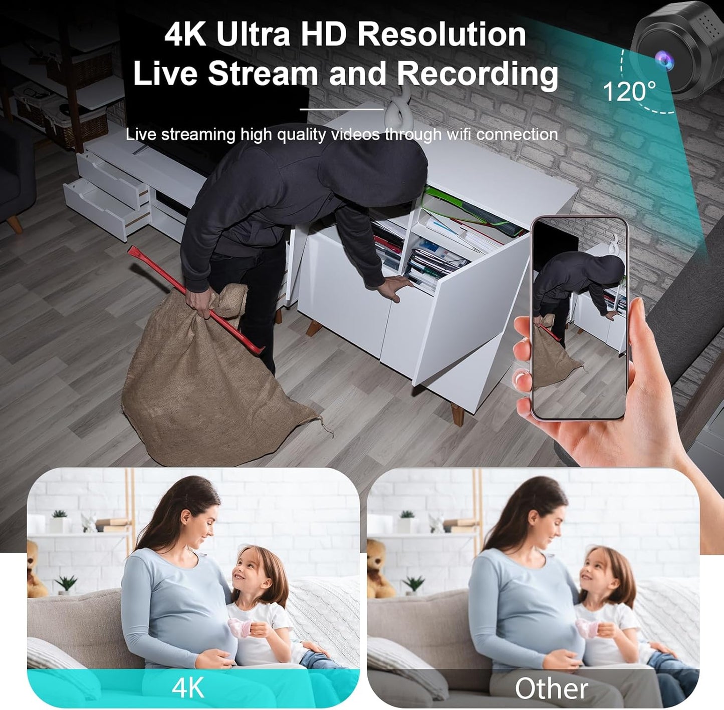 Splemin Cam,4K Mini WiFi Hidden Camera,Spy Camera,Small Portable Nanny HD Wireless Security Cameras with Motion