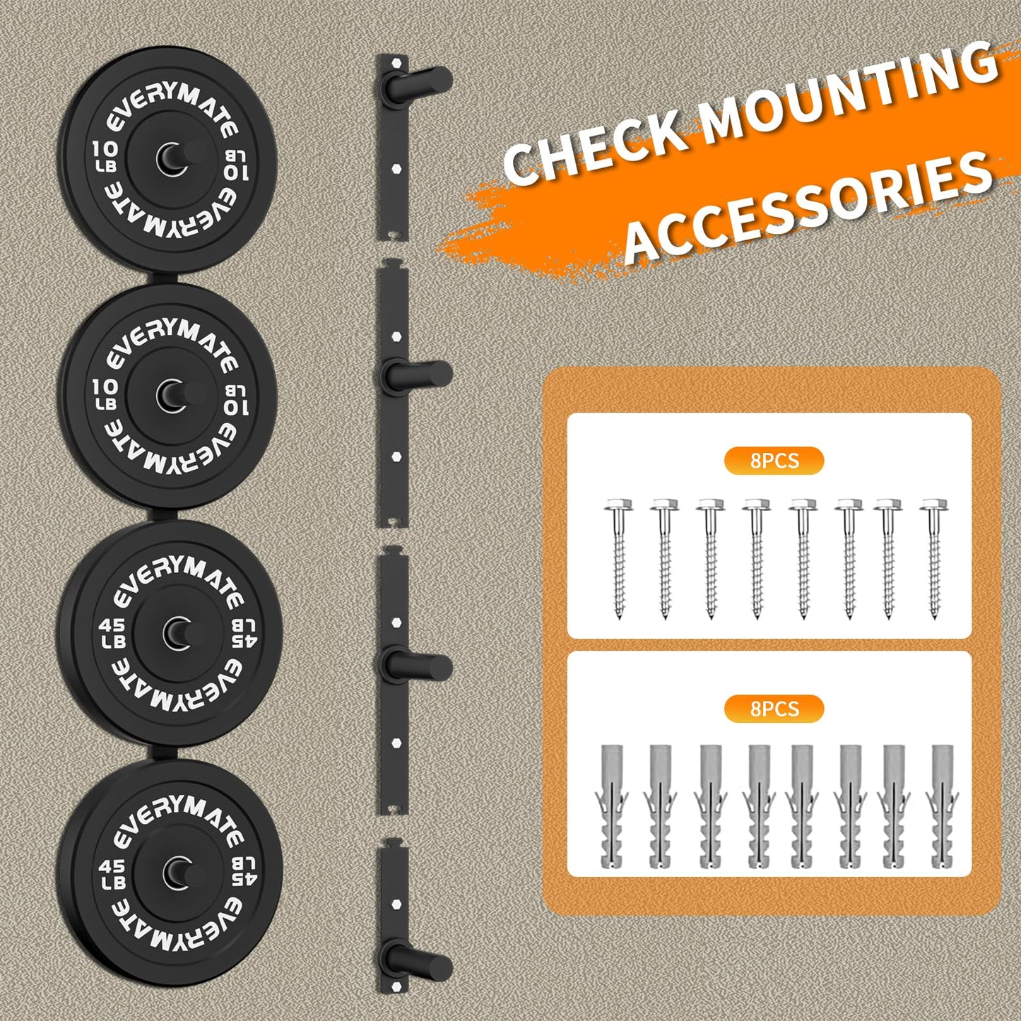 EVERYMATE Weight Plate Storage Rack, Wall Mounted Weight Plate Holder, Bumper Plate Storage for Home Gym, Heavy Weight Plates Holder Fit 2"Plates (4peg)