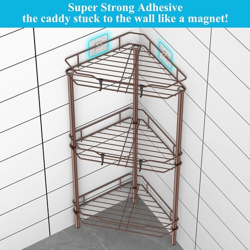 HuggieGems Corner Shower Caddy Organizer - 3 Tier Floor Standing Shelf with Hooks | Bathroom Storage Rack