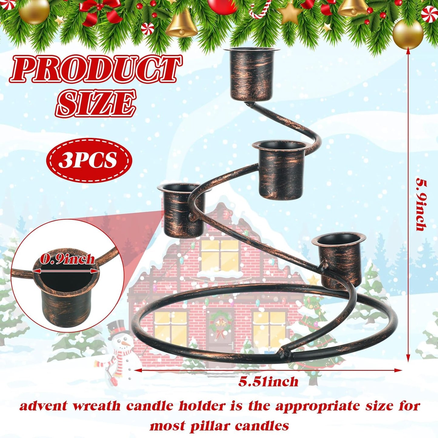 Sliner Christmas Advent Wreath Candle Holders - Rustic Metal Centerpiece Set of 3 for Home & Church Decor