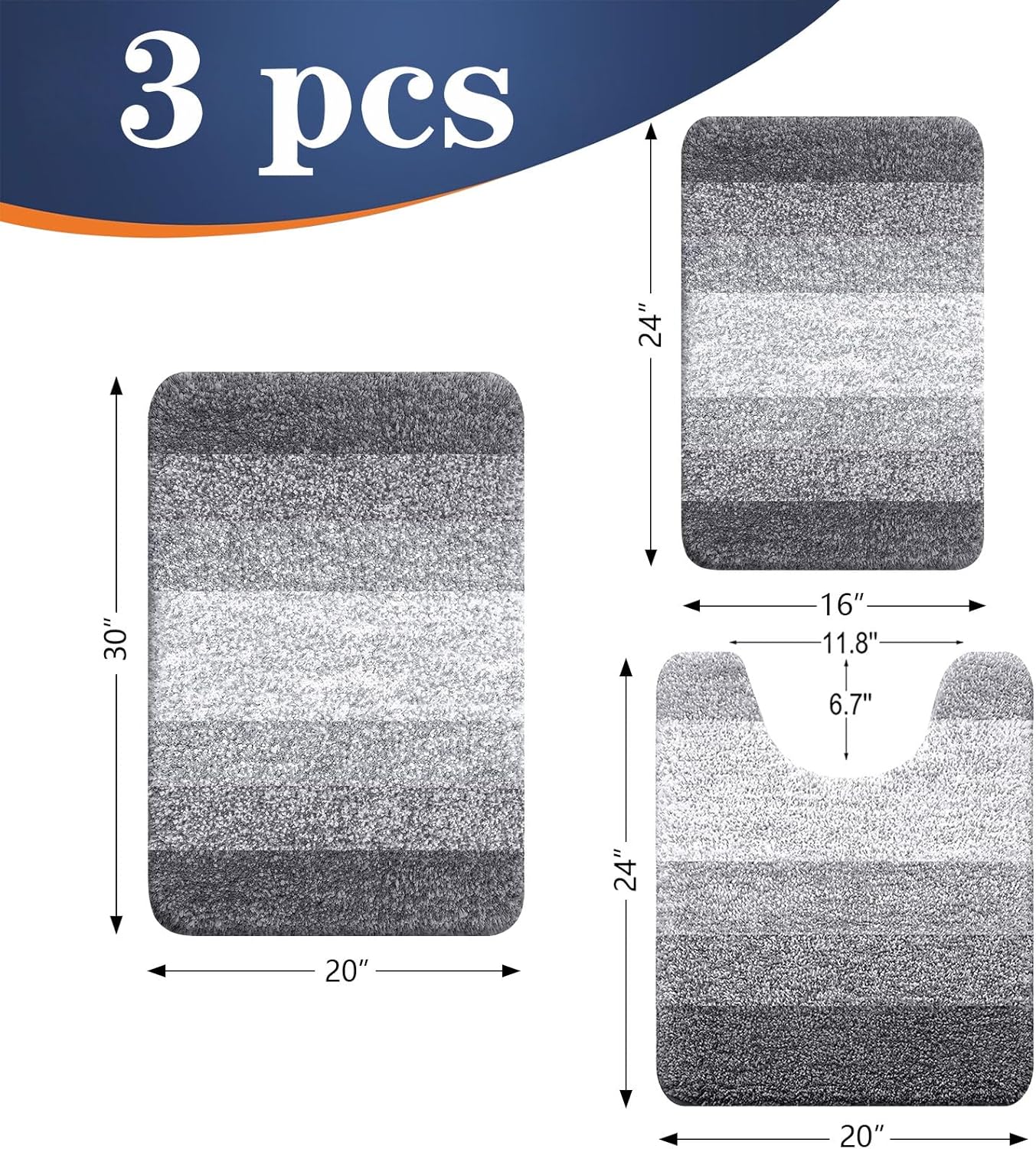 OLANLY Bathroom Rug Set - Soft, Absorbent Microfiber Mats & U-Shaped Contour Rug | 3-Piece Grey Set (30"x20"+24"x16"+24"x20")