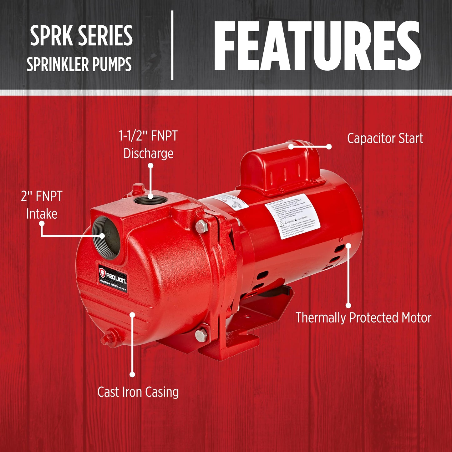 Red Lion RL-SPRK150 115/230 Volt, 1.5 HP, 71 GPM Cast Iron Sprinkler/Irrigation Pump with Thermoplastic Impeller, Red, 97101501