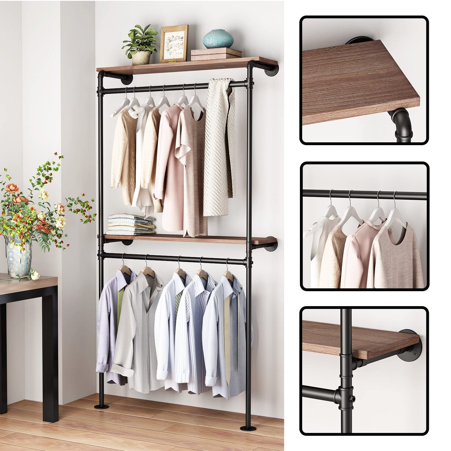 DR.IRON Industrial Pipe Clothing Racks with 2 Tier Shelves, Wall Mounted Black Clothes Rack with Double Hanging Rods Heavy Duty Garment Storage Rack Display Racks Rod for Clothes,Laundry Room