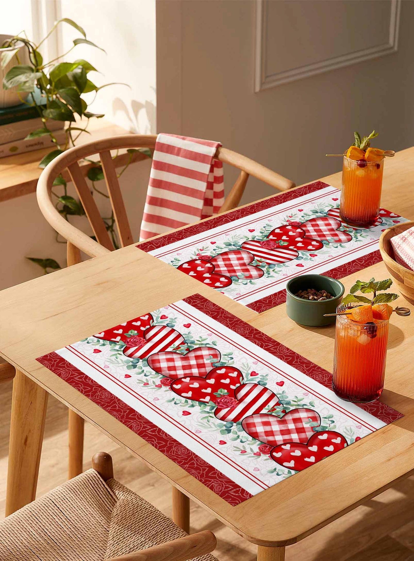 Valentines Day Placemats Set of 6 Washable Table Mats for Kitchen Dining Table, Love Rose Heart Heat-Resistant Cotton Linen Place Mats for Indoor Outdoor Parties Holiday Decoration, Red