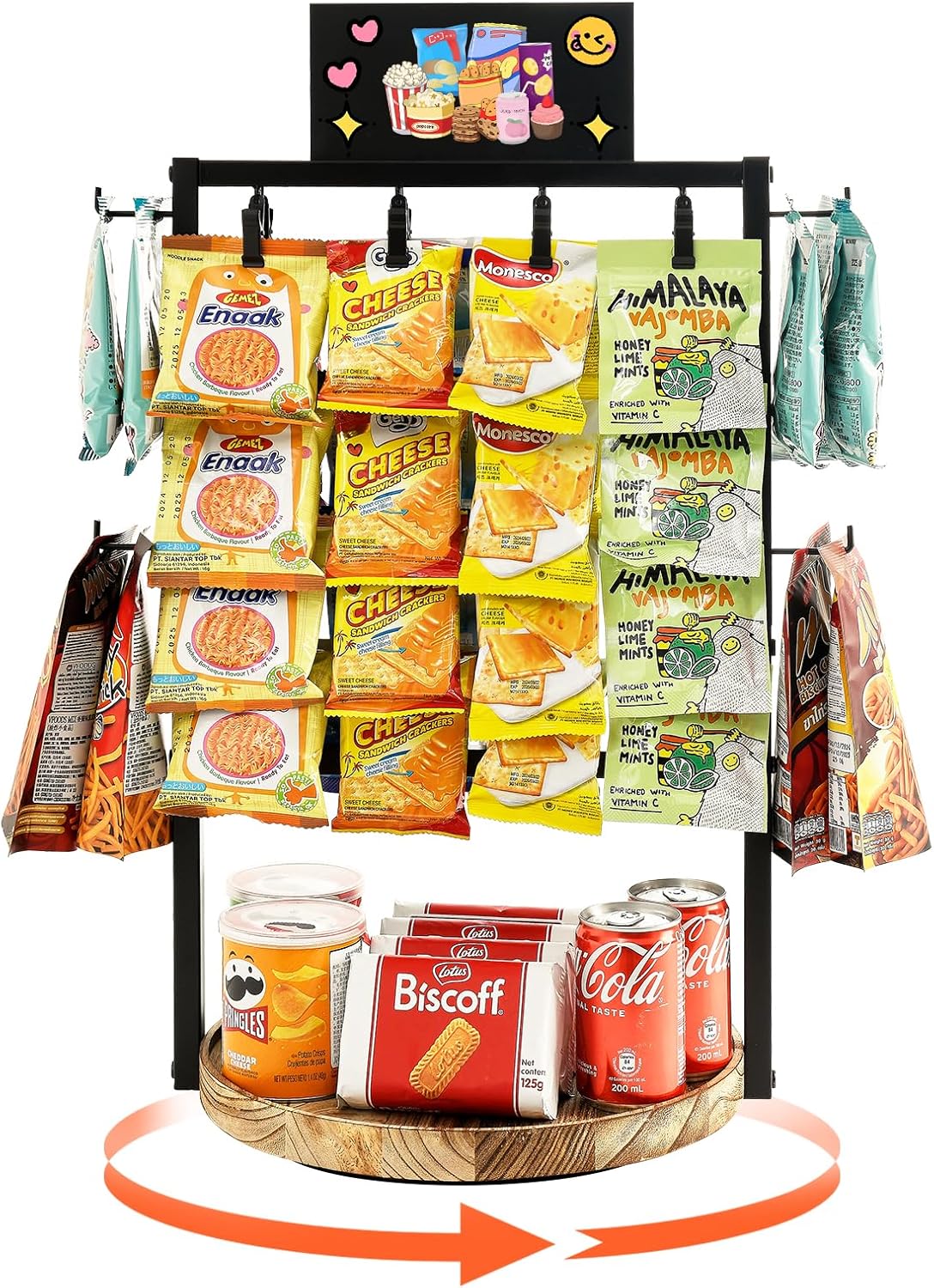 Poyilooo Snack Bar Organizer - 4-Tier 360° Rotating Chip Rack Display Stand | Black Candy Display for Kitchen & Retail