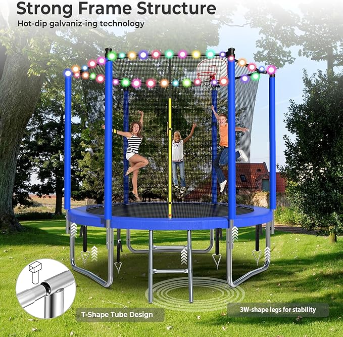Upgraded 10/12/14/15/16FT Trampoline Outdoor, Large Kids Trampoline with Light, Stakes, Sprinkler, Backyard Trampoline with Basketball Hoop and Net, Capacity for 4-6 Kids and Adults