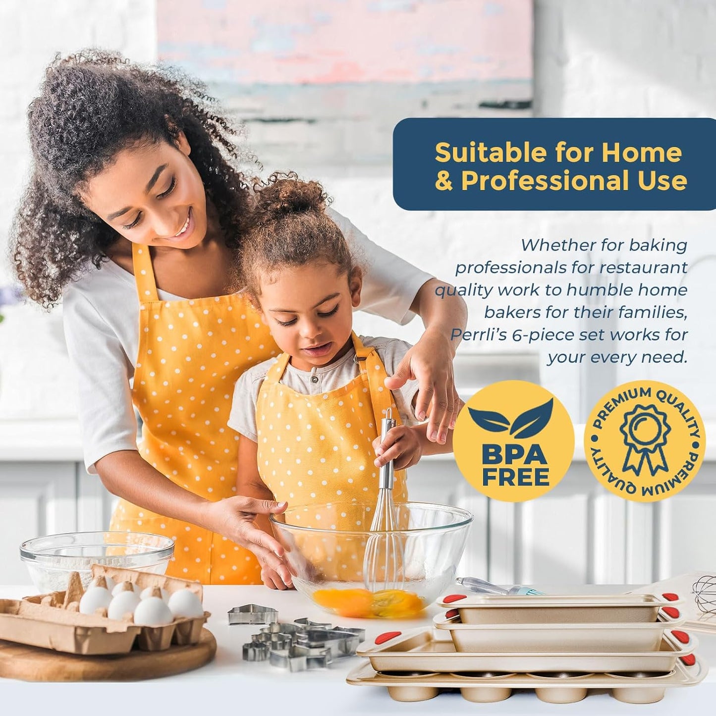 Perlli Baking Kit - Nonstick Gold Steel Oven Set with Silicone Handles | 6-Piece Bakeware Collection