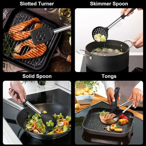 E-far Silicone Cooking Utensils Set - 7 Heat Resistant Kitchen Tools with Stainless Steel Handles | Black