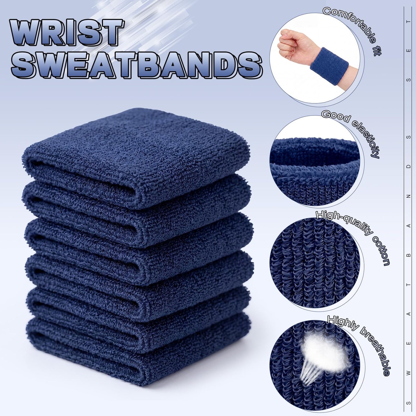 WILLBOND 8 Pack Wrist Sweatbands Sports Wristbands Tennis Sweatbands Neon 80s Thick Cotton Gymnastics Sweat Band Athletic Football Soccer Sports Wristband for Men Women Party(Dark Blue)