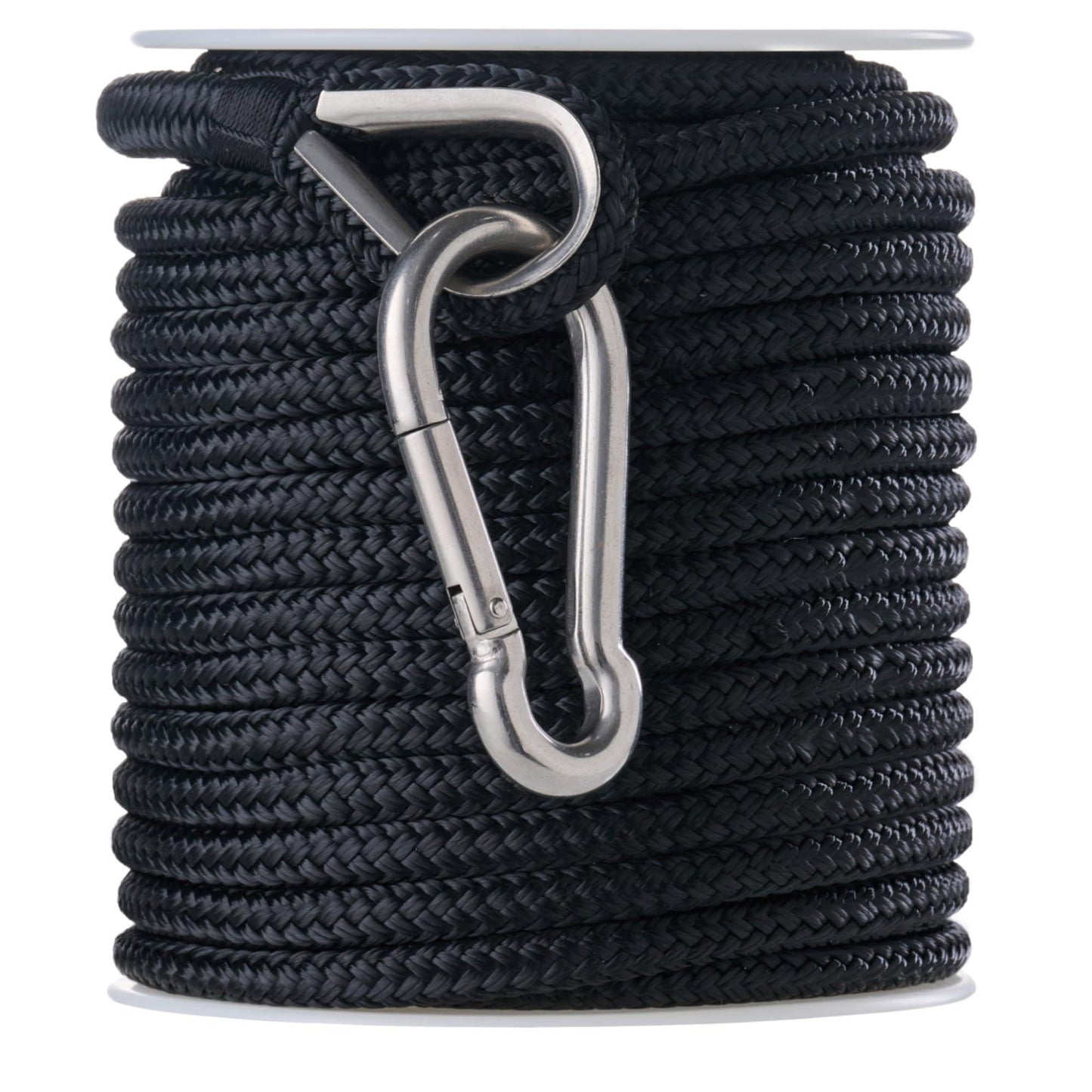 RainierSupplyCo Boat Anchor Rope - Double Braided Marine Rope Anchor Line - 100 ft x 3/8 Inch Nylon Boating Line with 316 Stainless Steel Thimble and Heavy Duty Marine Grade Bow Shackle - Black