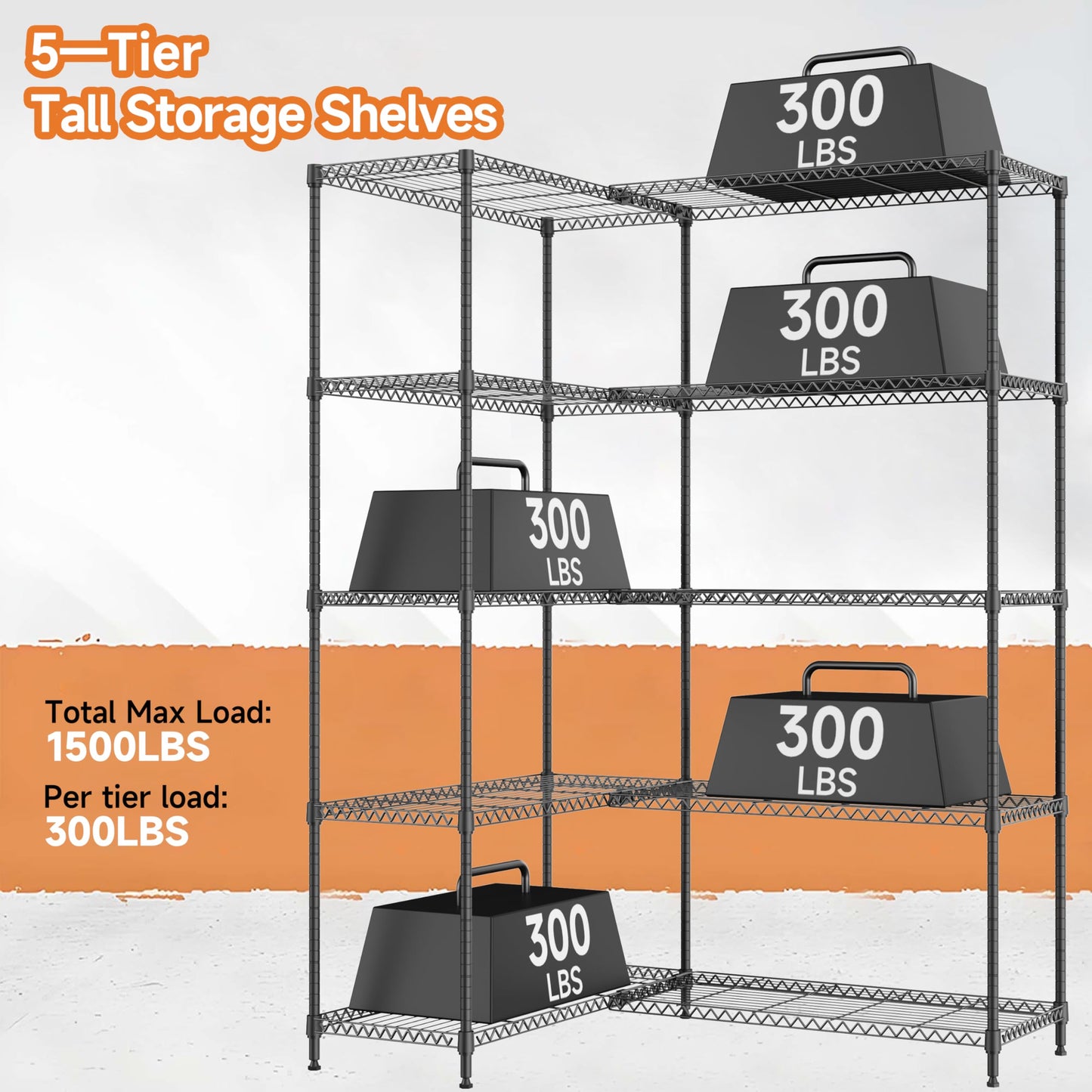M MZG 5 Tiers Storage Shelves Load 1500LBS, Metal Shelving Wire Metal Shelving Unit Shelves for Storage Adjustable Garage Shelving for Pantry Kitchen Garage Black 15.8" D x 33.5" W x 70.5" H