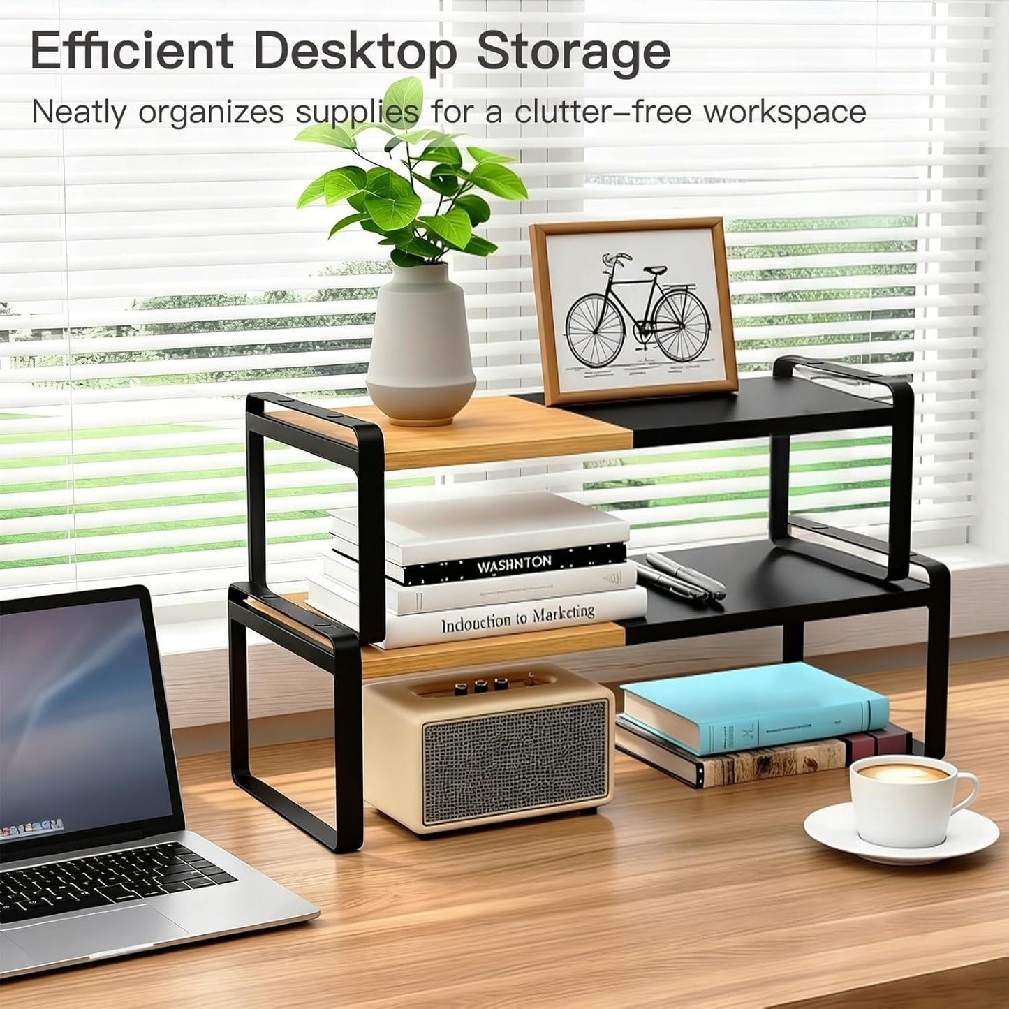 Solcasaco Expandable Desk Shelf Organizer, Sturdy Bamboo Desktop Riser for Monitor, Laptop & Office Storage, Modern