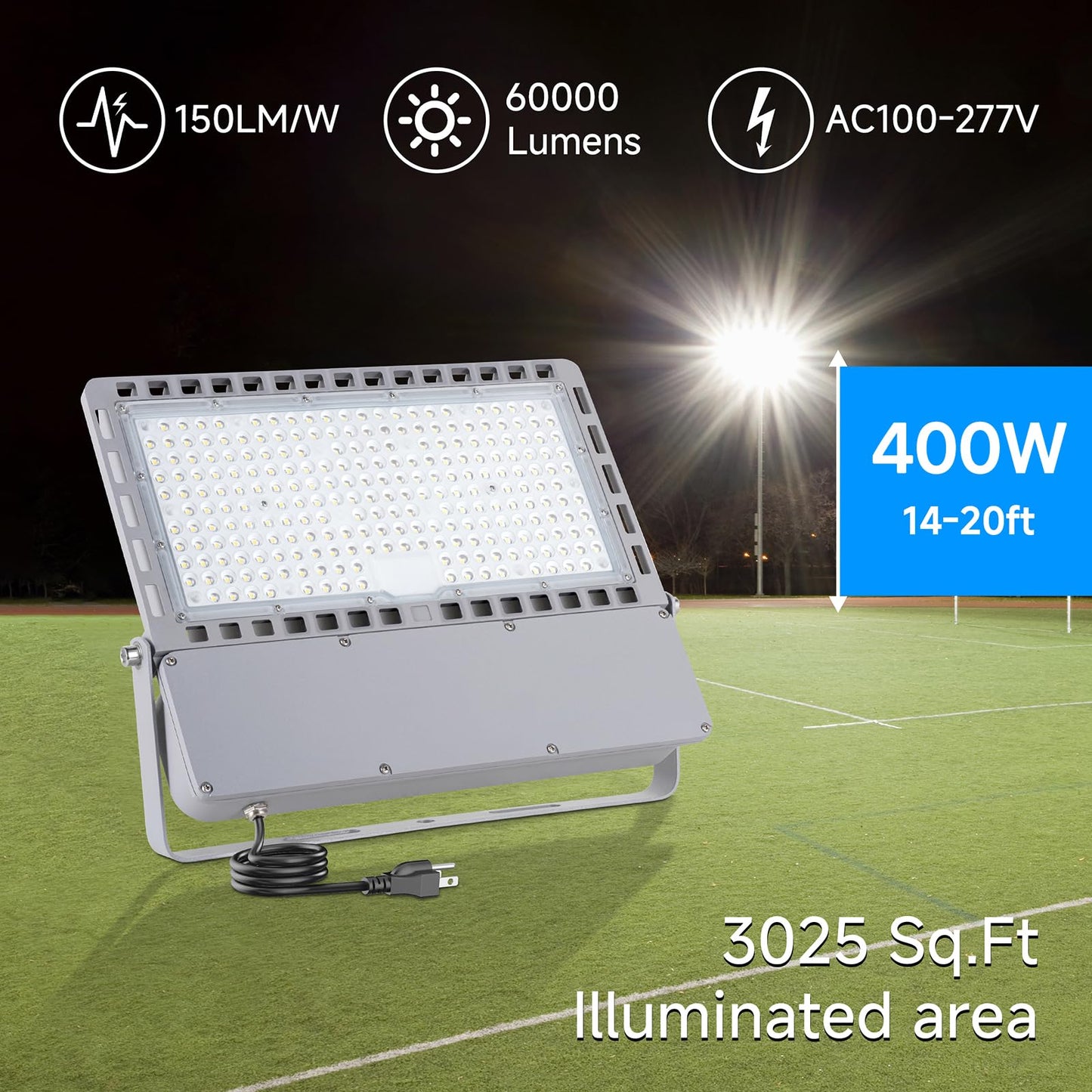 ROMMOR 400W Led Stadium Flood Light Outdoor 60000Lm 2500W Equivalent Super Bright Commercial Area Lighting 100-277V 5000K Daylight IP66 Waterproof Arena Lights for Sport Fields and Courts