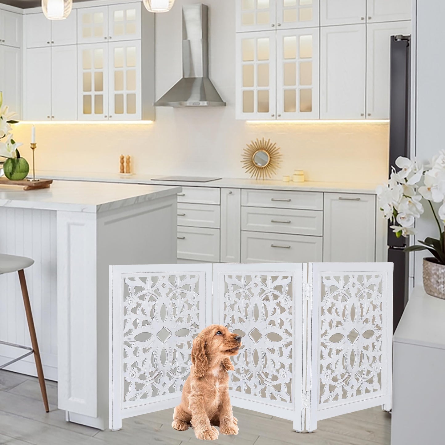 Lightnpro Foldable Carved Wooden Dog Gate - Freestanding 3-Panel Pet Barrier for Dogs - Decorative Walk-Over Fence for Stairs, Doorways & Hallways - Portable & Adjustable - Antique White (24x18 Inch)