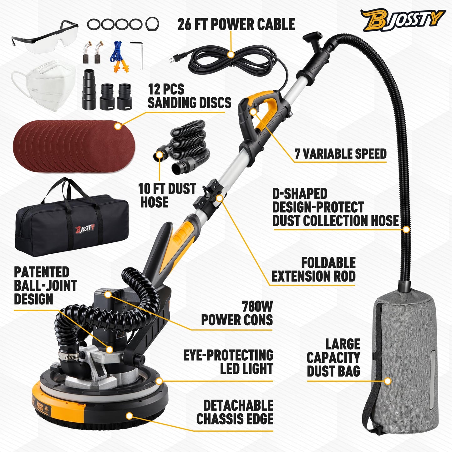 Drywall Sander with Vacuum Dust Collector, High Power 7.1-AMP Electric Sander for Drywall, 99% Dust Removal, 7 Variable Speed 950-1850RPM, Dustless Wall Sander for Drywall, Popcorn Ceiling etc