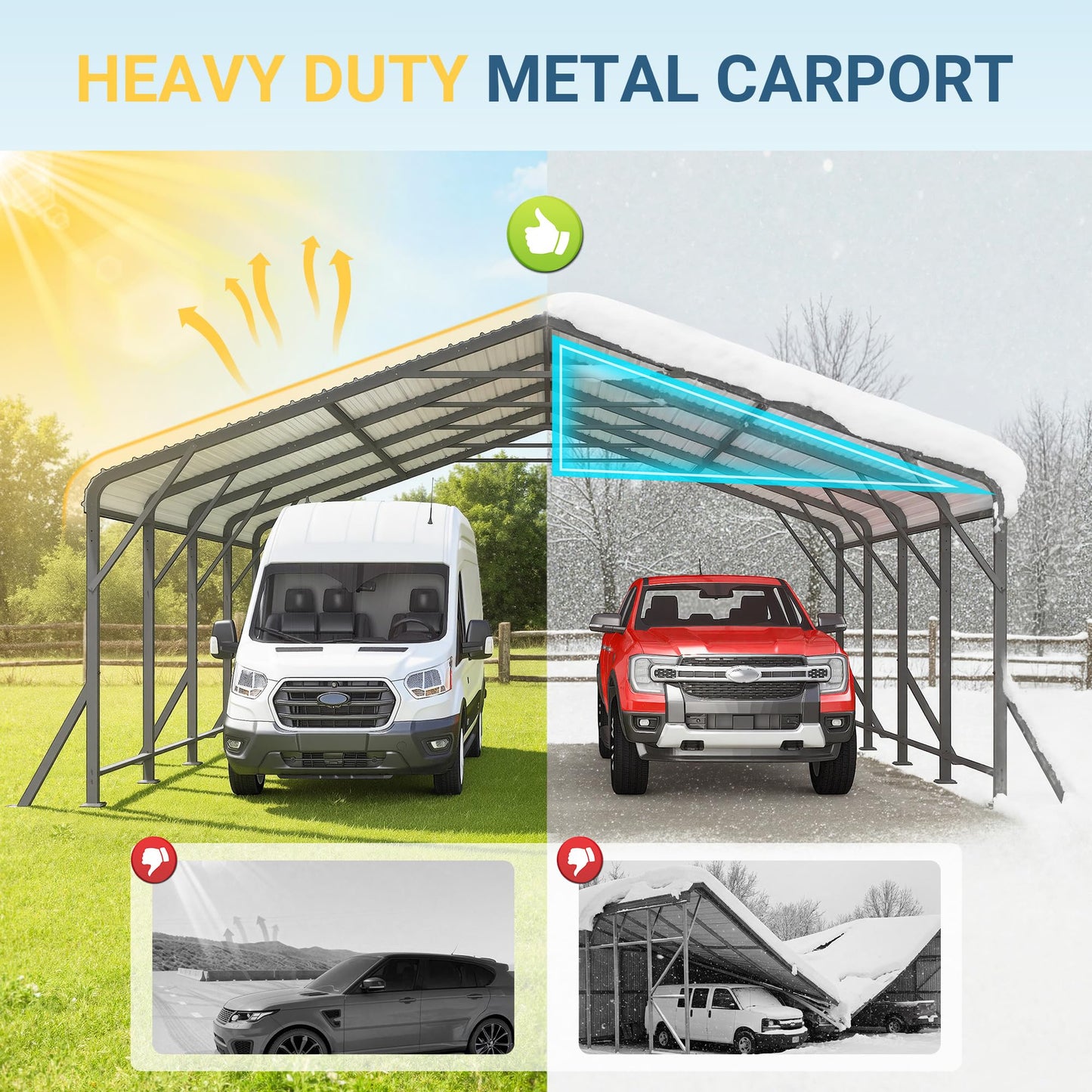20'x20' Metal Carport with Updated Roof & Enhanced Base, Heavy Duty Canopy Carport Garage, Vertaile for Car, Truck, Boat, Tractors, Party, Dark Gray