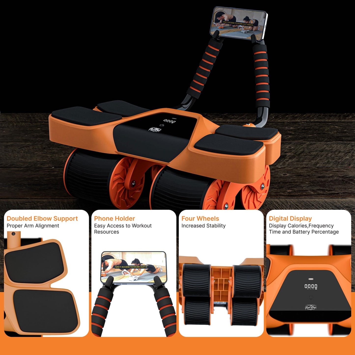 4-Wheel Abdominal Roller with Elbow Support: Latest Upgraded High-Performance Exercise Machine with Automatic Rebound, Multi-Layered Anti-Slip Design with Built-in Workout Tracker, Orange & Black