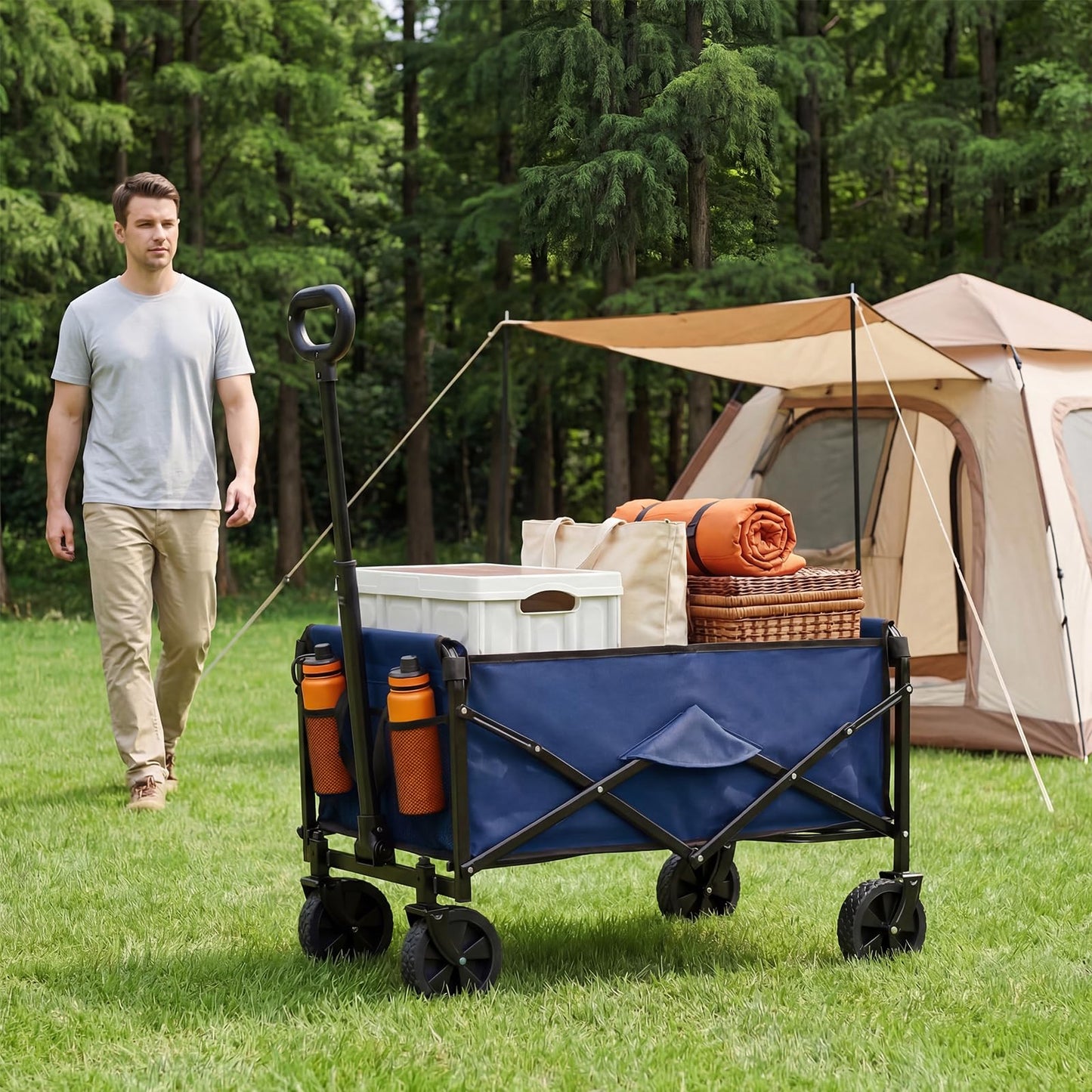 DUMOS Collapsible Wagon Cart, Heavy Duty Foldable Utility Wagon with Wheels – 220 lbs Capacity, Flexible Handle for Beach, Garden, Sports, Grocery & Camping, Blue