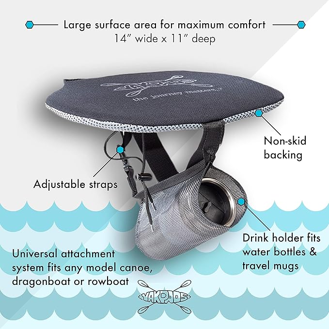 Cushioned Seat Pad, Gel Seat Pad for Canoes with Water Bottle/Thermos Holder, Portable Seat Cushion for Outdoor Watersports and Recreation