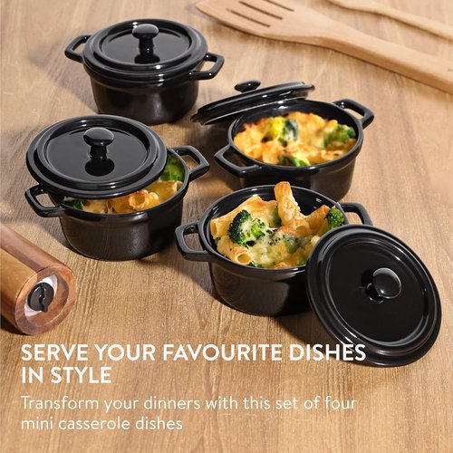 Navaris Mini Cocotte Casserole Dish Set - Oven-Proof with Lid - Easy Clean | 4 x 8 oz (237 ml) - Black