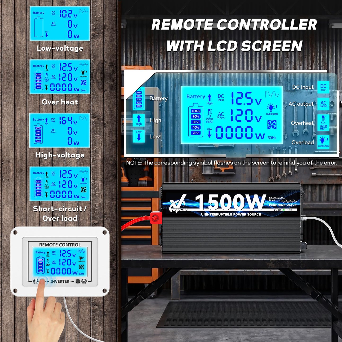 2000 Watt sump pump backup battery system, automatic switchover to battery inverter power, professional backup system in case of power failure, pure sine wave output Remote controller with LCD screen